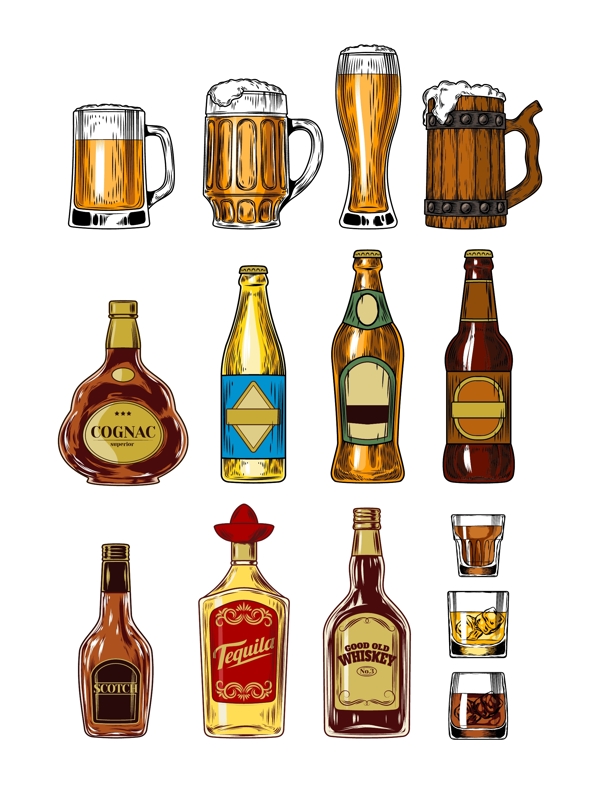 手绘各种各样的酒杯和酒瓶