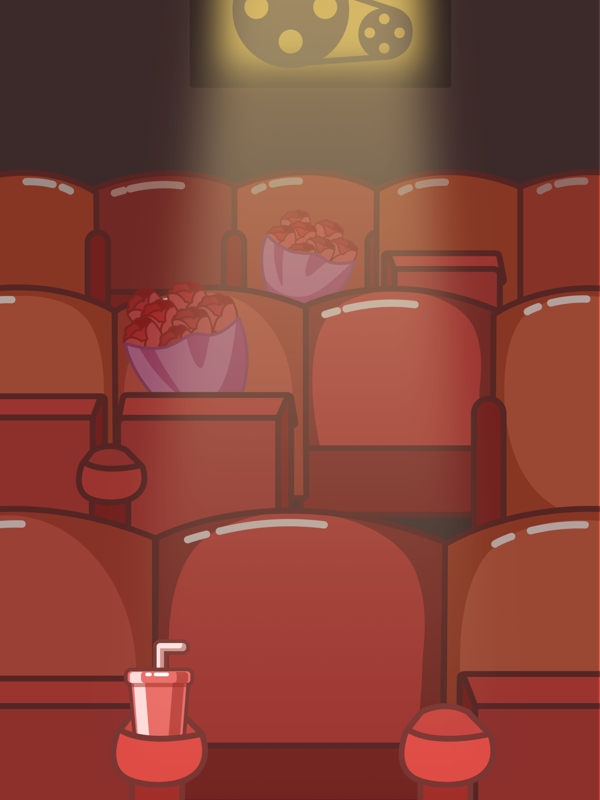 红色手绘电影院座椅插画背景