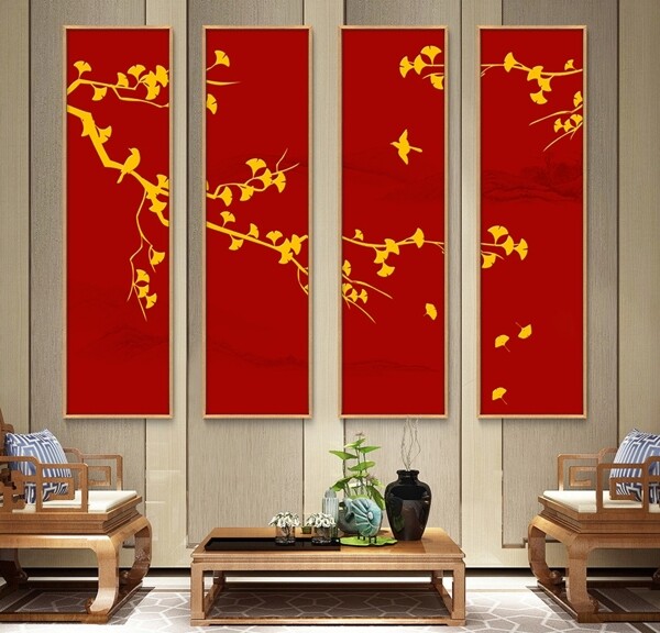 新中式花鸟四联竖幅装饰画