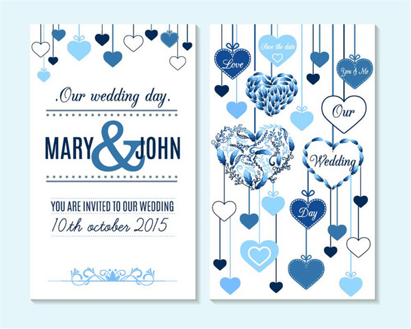 蓝色心形花纹婚礼贺卡图片
