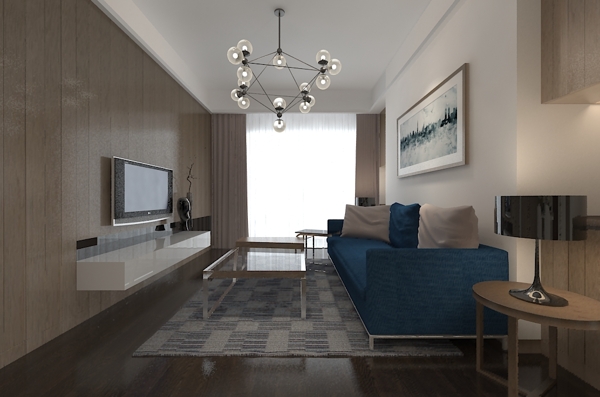创意现代原木色冷色调家装客厅效果图