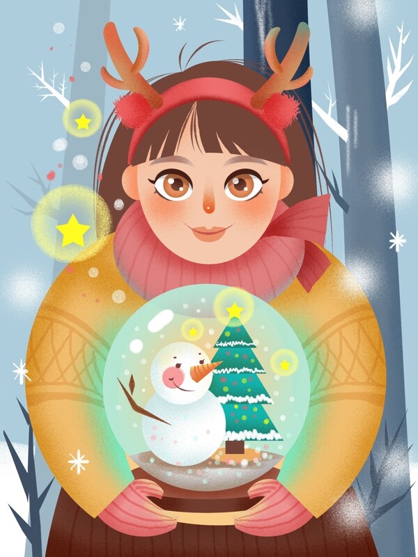 圣诞节怀抱圣诞树水晶球的女孩