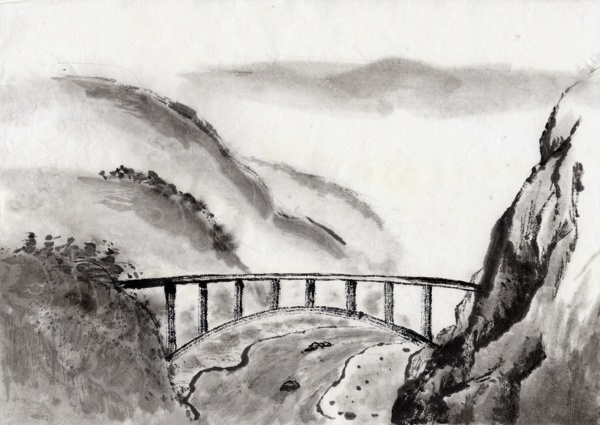 水墨风景山中的大桥图片图片