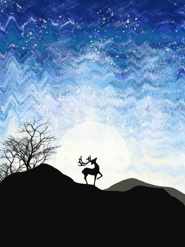 现代手绘水彩夜景繁星麋鹿装饰画