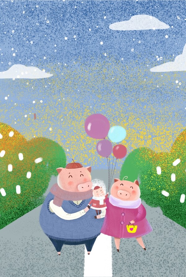小猪一家人出行游玩促销海报