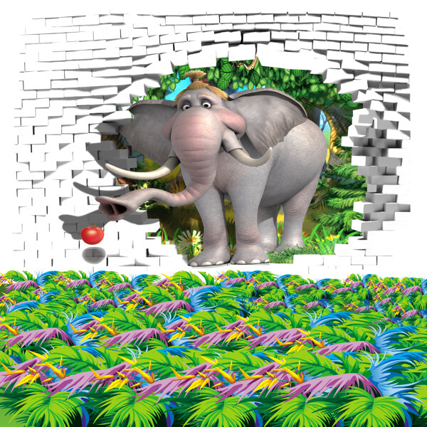 3D大象出墙卷苹果卡通背景墙