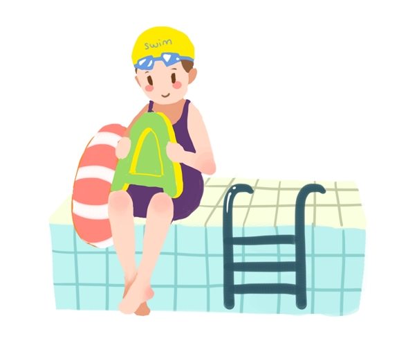 卡通手绘清新可爱游泳运动泳帽女孩游泳圈浮板泳池休息