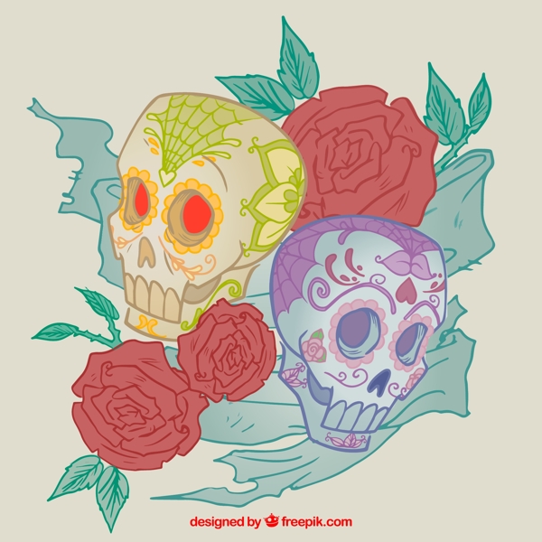 骷髅玫瑰花卉插图