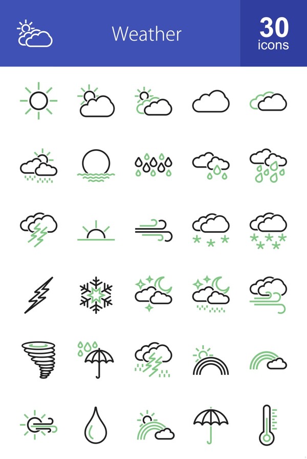 30个天气的绿黑色线性图标