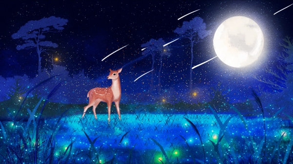 梦幻创意手绘治愈系梦游仙境森林与鹿插画