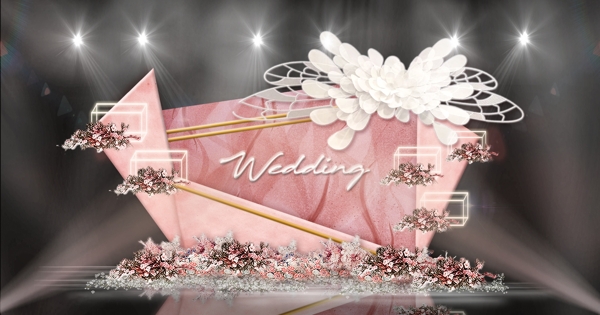粉色几何形多材质拼接背景水晶花婚礼效果图