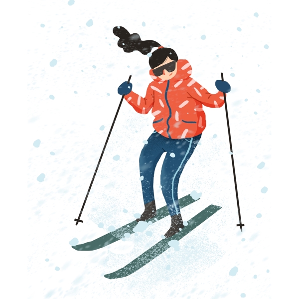 大雪中独自开心滑雪的女孩