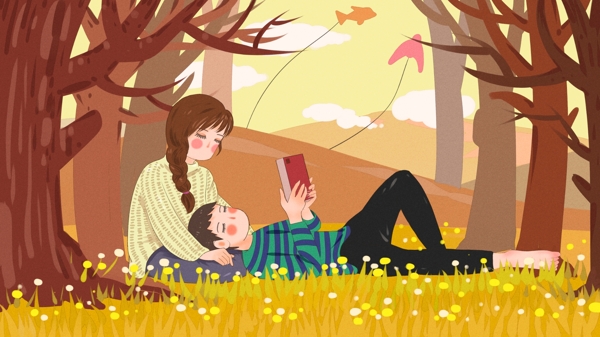 情侣日常之草坪上一起读书的情侣原创插画
