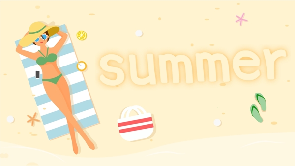 夏天海边沙滩泳装女孩度假原创插画