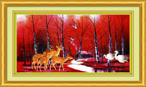 红叶丛林小鹿白鹤装饰画