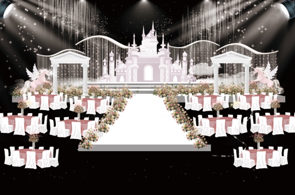 粉色童话城堡婚礼舞台仪式区效果图