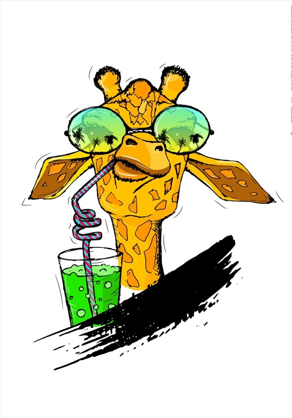 卡通长颈鹿喝果汁矢量图下载