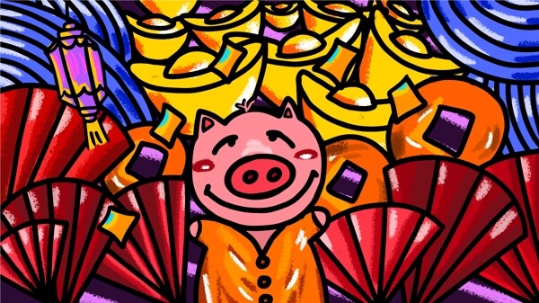 原创萌猪新年发财潮漫卡通描边插画