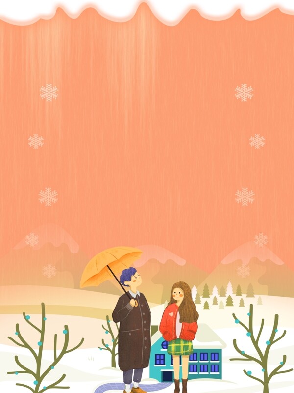 彩绘冬季雪中情侣背景设计