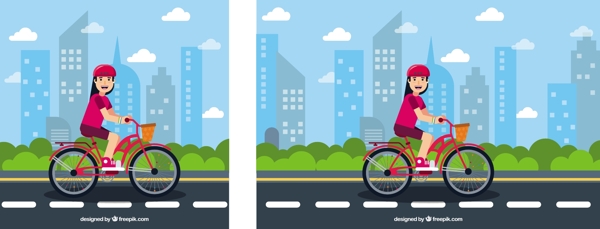 平面背景与微笑的女人和自行车
