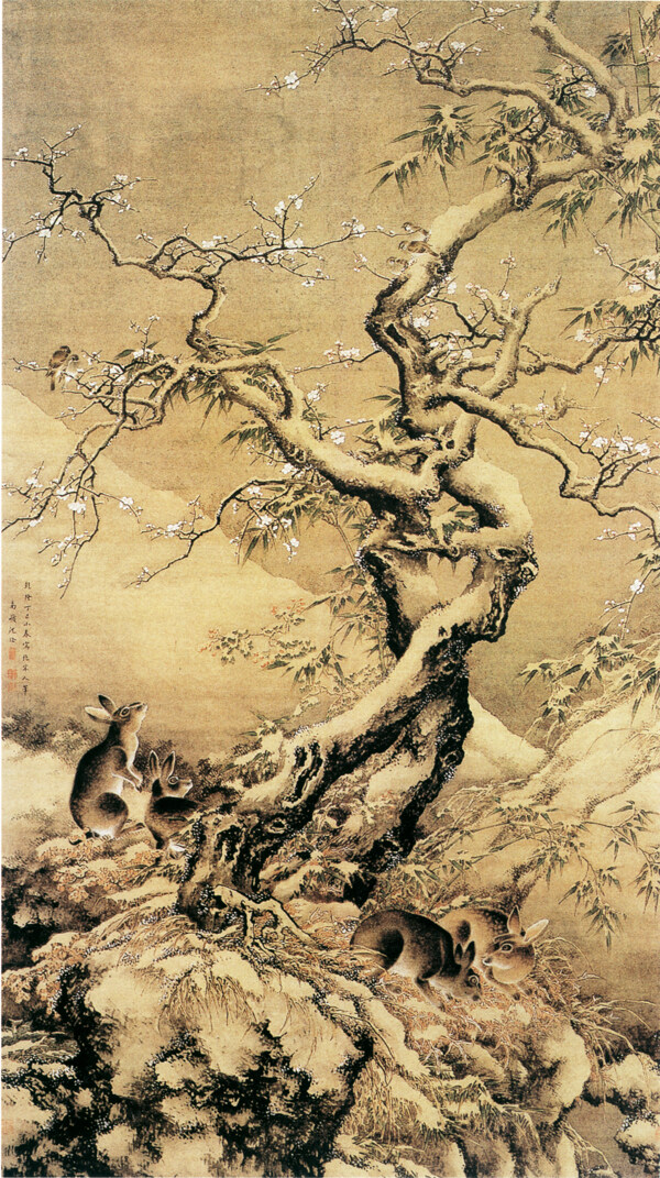 雪中游兔图花鸟画中国古画0439