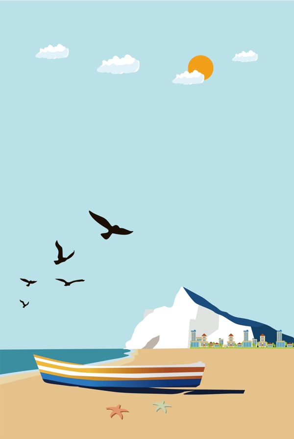 蓝色简约沙滩海鸥海星背景