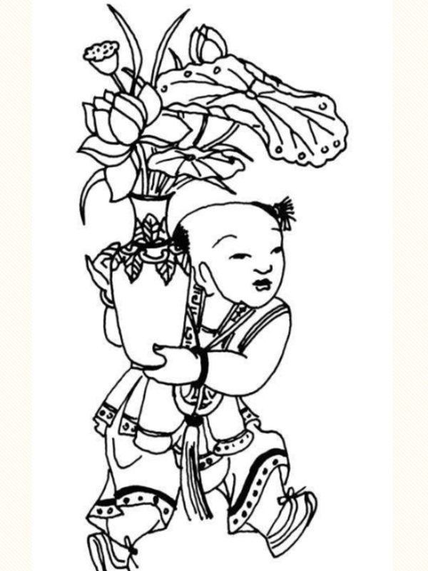 抱荷花花瓶的中国古代童子