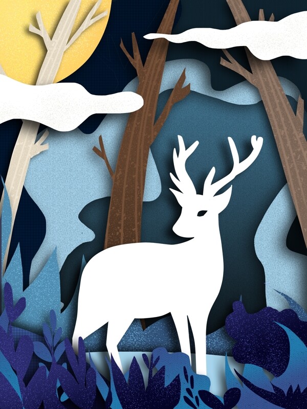 森林与鹿剪纸风简约原创插画