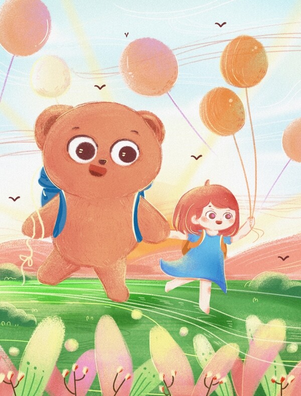 和小熊闺蜜的浪漫旅行气球夏天立夏春天草地