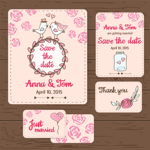 粉色花朵小鸟婚礼贺卡模板下载