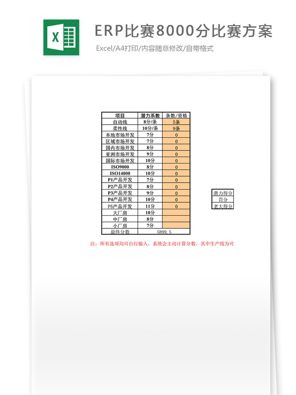 ERP8000比赛方案Excel表格模板
