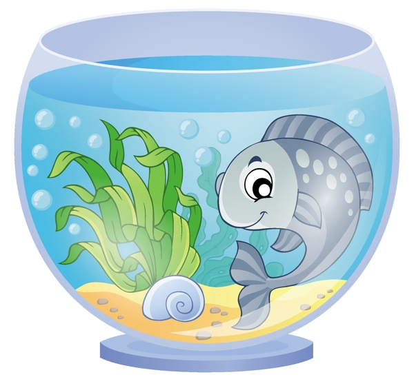 灰色卡通可爱金鱼鱼缸矢量素材