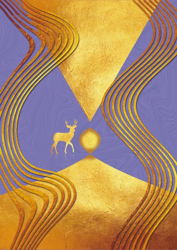 原创金色线条麋鹿意境客厅装饰画