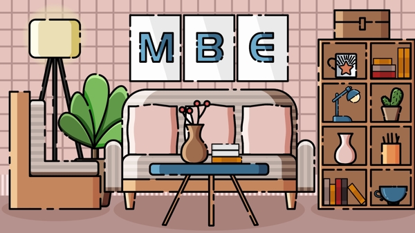 MBE客厅扁平家居家装矢量插画沙发小清新