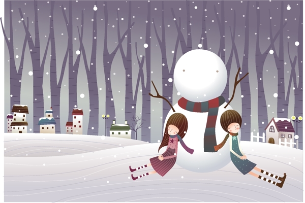 卡通冬季雪景情侣人物素材