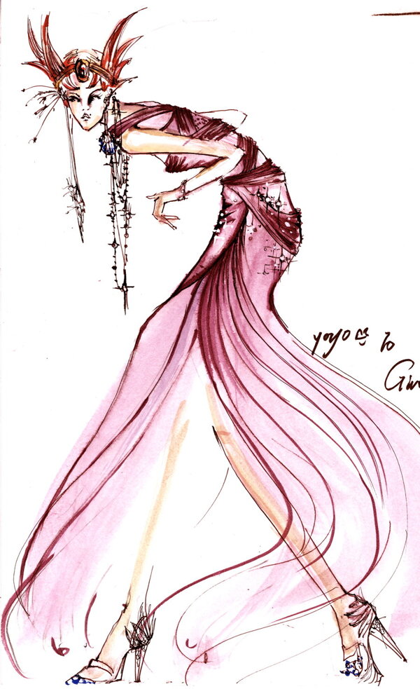 紫色长款连衣裙设计图