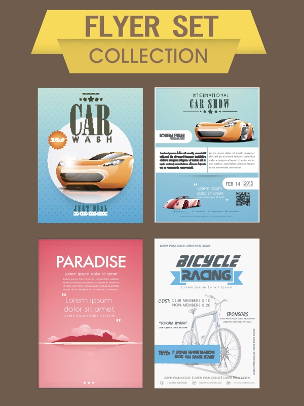 洗车汽车展览和自行车比赛模板横幅或传单收集
