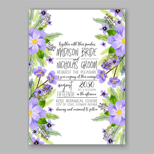 浅紫色花朵婚礼请贴图片