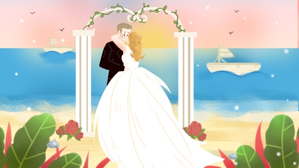 海边婚礼婚纱结婚新郎新娘沙滩大海帆船