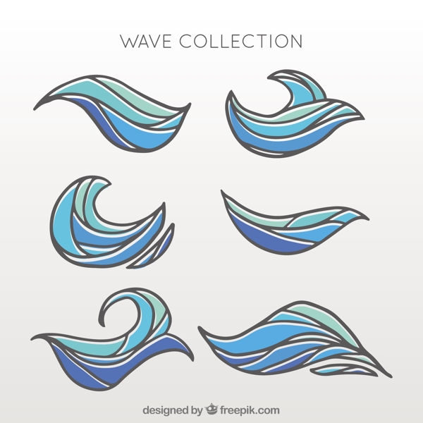 手绘各种抽象风格蓝色波浪纹