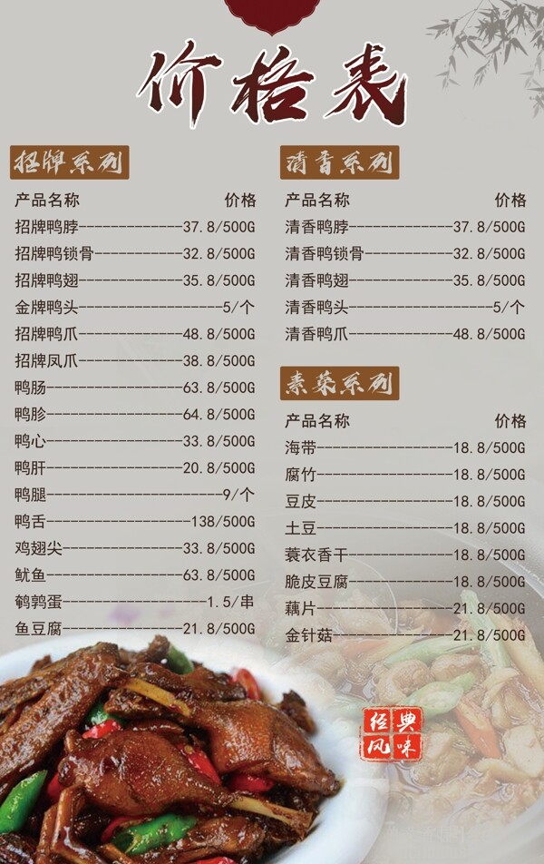 家常菜菜单价格表