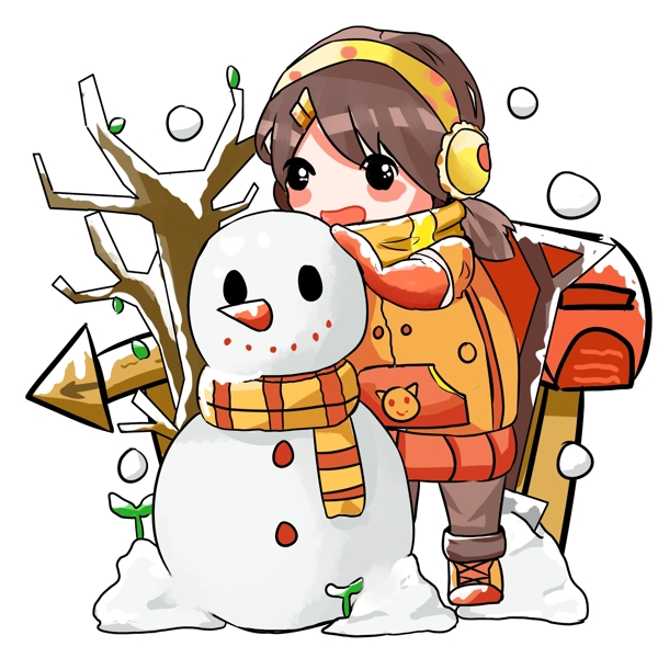 冬季户外游乐堆雪人插画