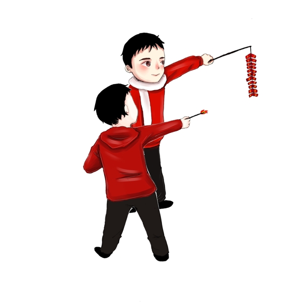 新年春节放鞭炮小孩中国风喜庆红色手绘人物
