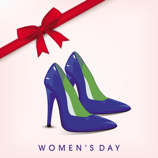 三八妇女节贺卡或海报和有光泽的蓝色女士鞋上粉色的背景与红丝带的设计