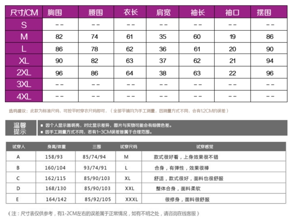 女装尺码表图片