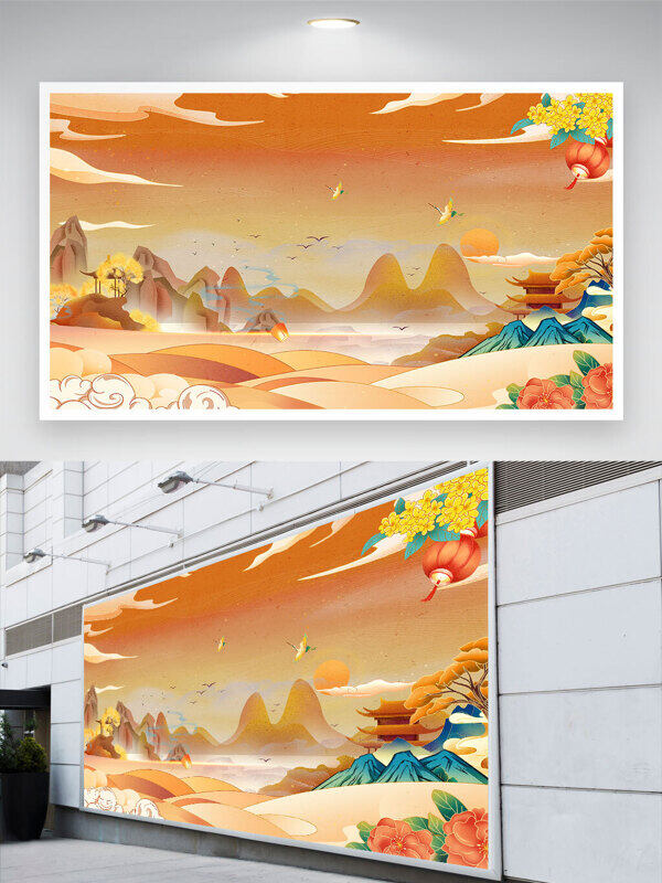 金色主题红色灯笼插画中国风国潮背景图