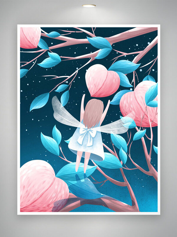 梦幻繁星满天爱心粉桃创意卡通人物插画