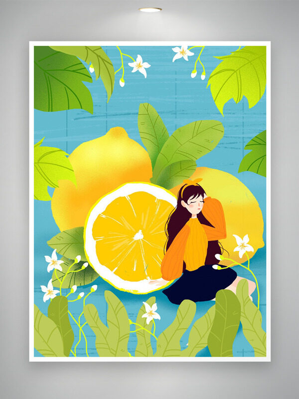 清新唯美黄色柠檬长发少女人物形象插画