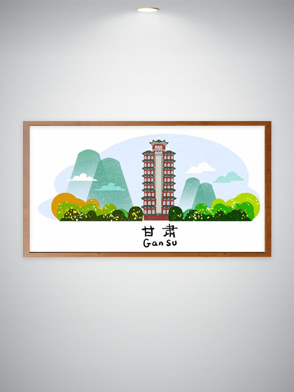清新简约大自然背景手绘大理古塔建筑插画