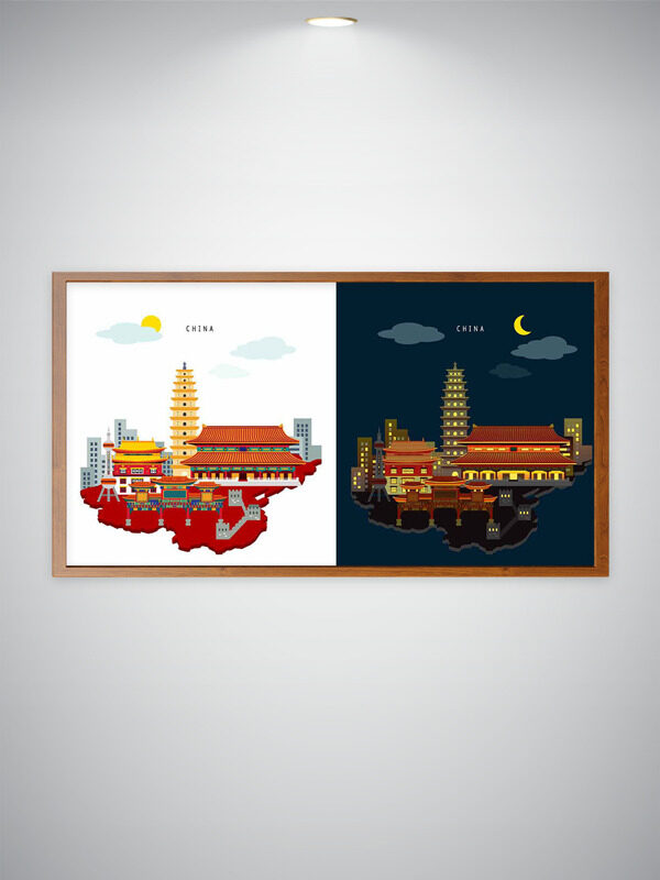 创意简约大气手绘中式建筑昼夜景象对比插画